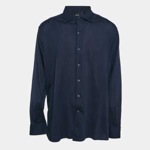 Z Zegna Navy Blue Textured Cotton Long Sleeve Shirt XXL