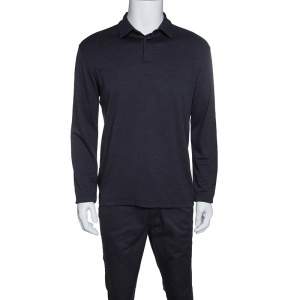 Z Zegna Dark Grey Techmerino Wool and Silk Jersey Long Sleeve Polo T-Shirt L