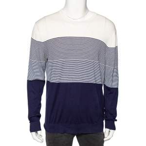 Z Zegna Navy Blue Striped Silk Knit Long Sleeve Sweater XXL
