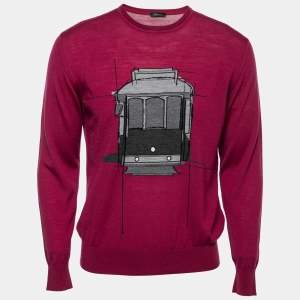 Z Zegna Purple Train Print Wool Crewneck Sweater M