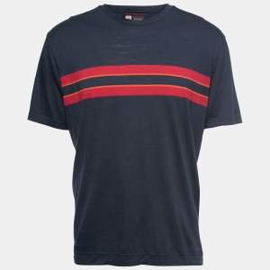 Z Zegna Techmerino Navy Blue Striped Wool Crew Neck T-Shirt XL