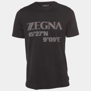 Z Zegna Black Logo Print Cotton Crew Neck T-Shirt M