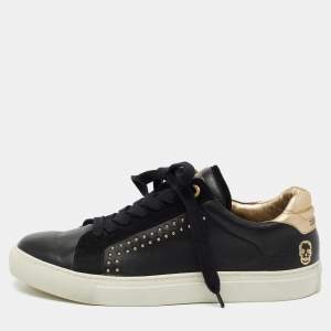 Zadig and Voltaire Black Leather And Suede Studded Lace Up Sneakers Size 40