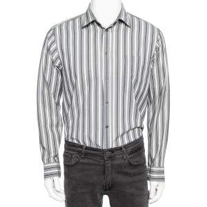 Zegna Sport Grey Striped Cotton & Silk Button Front Shirt M 