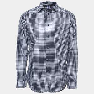 Zegna Sport Navy Blue Checked Regular Fit Full Sleeve Shirt L