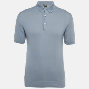 مملوكة مسبقًا Zegna Slate Blue Cotton Knit Polo T-Shirt M
