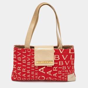 Bvlgari Red/Beige Logo Mania Fabric and Leather Baguette Bag