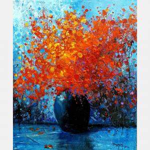 Red Flowers In Black Vase By Eric Bruni, France,2023 (46 X 38)