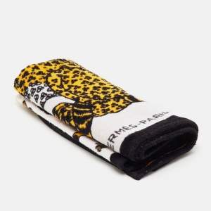 Pre Owned Hermès White/Orange Leopards Cotton Beach Towel