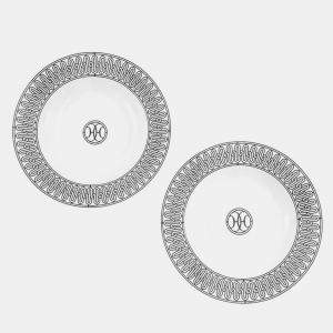Pre Owned HERMES H Deco Soup Plates (Set of 2) White/BlackP037013P Porcelain Size 8.7"