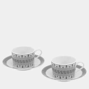 Pre Owned HERMES Teacup & Saucer H Deco Pair Set White/BlackP037016P Porcelain Size 7.8 cm