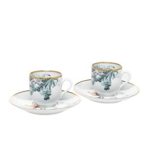Hermes White Porcelain Carnet d'Equateur 4 pieces Cup and Saucer Set