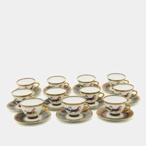 Hermes Cheval d'Orient Printed Porcelain Teacup & Saucer Set of 11