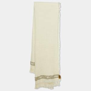 Loewe Ivory Logo Cotton Waffle Fringed Beach Towel 