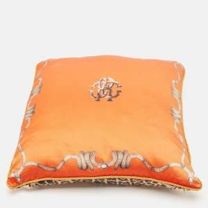 Roberto Cavalli Orange/Brown Leopard Print Satin Silk Cushion 59cm x 59cm