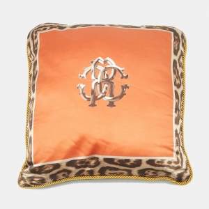 Roberto Cavalli Orange/Brown Leopard Print Satin Silk Cushion 39cm x 39cm