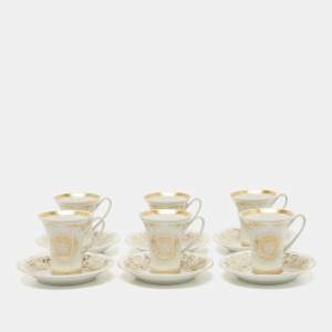 Rosenthal Meets Versace Gold/White Medusa Gala Espresso Cup and Saucer Set Of 6