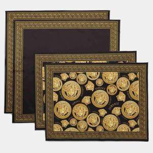 Pre Owned Versace Vsc Medusa Amplified Black Multi Cotton Napkin & Placemat Set
