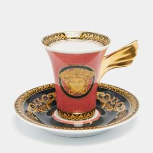 Versace x Rosenthal Light Red Porcelain Medusa Espresso Cup and Saucer