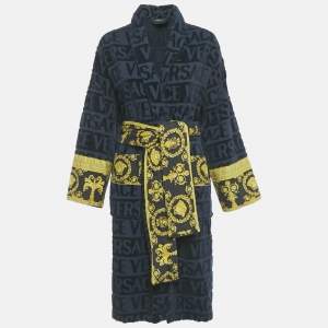 Pre Owned Versace Home Navy Blue Terry Baroque Print Belted Bathrobe M