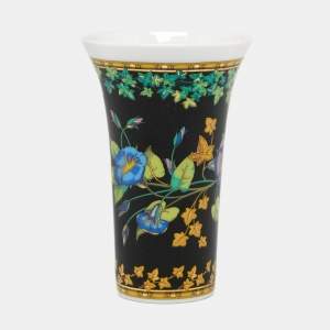 Rosenthal Meets Versace  Gold Ivy Floral Print Black Porcelain Vase