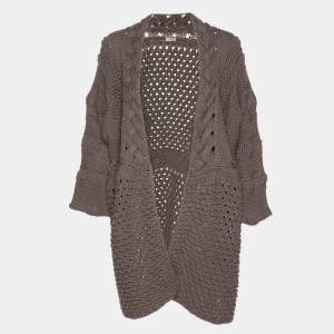 Pre Owned Agnona Dark Beige Cotton Knit Cable Thick Cardigan XXXL