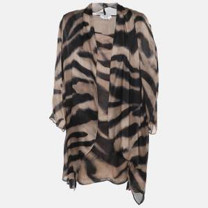 Pre Owned Marina Rinaldi Beige Zebra Print Chiffon Twinset Cardigan L