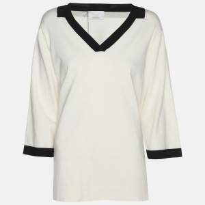 Pre Owned Marina Rinaldi Cream Jersey Contrast Trim V Neck Sweater L