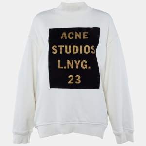 Pre Owned Acne Studios Cream Flocked Logo Cotton High Neck Sweatshirt M