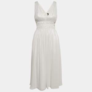 Pre Owned Aidan Maxttox Ivory Shimmer Crepe Gathered Cut-Out Detail Midi Dress XS
