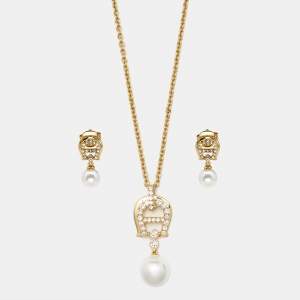 Pre Owned Aigner Crystal Faux Pearl Gold Tone Necklace & Earrings Set