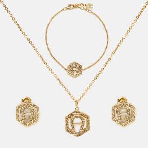 Aigner Logo Crystals Gold Tone Necklace Bracelet Earrings Set