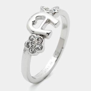 Pre Owned Aigner Logo Crystals Silver Tone Ring Size 56