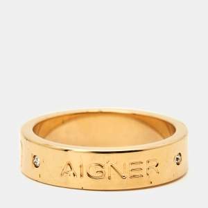 Pre Owned Aigner Logo Crystals Rose Gold Tone Ring Size 55
