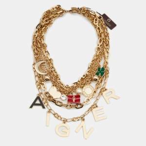 Pre Owned Aigner Enamel Faux Pearl Gold Tone Necklace