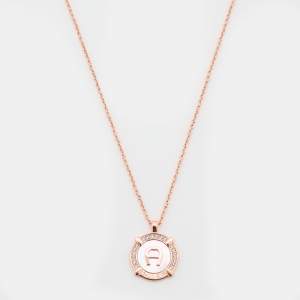 Pre Owned Aigner Rose Gold Tone Crystal & Mother of Pearl Logo Pendant Necklace