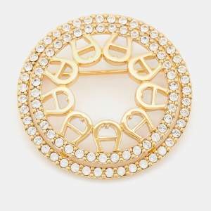 Pre Owned Aigner Gold Tone Crystal Embellished Logo Round Brooch