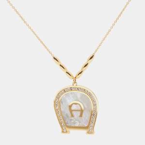 Pre Owned Aigner Gold Tone Crystal Mother of Pearl A Logo Pendant Necklace