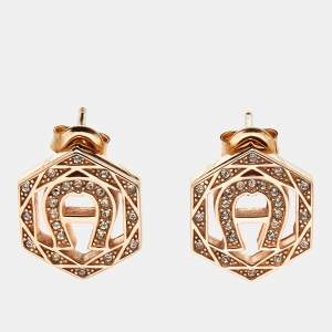 Pre Owned Aigner Rose Gold Tone Crystal Studded Hexagon Stud Earrings