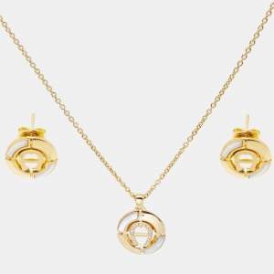 Aigner Gold Tone Mother of Pearl Crystal Logo Earring & Necklace Set
