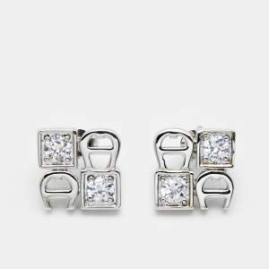 Aigner Crystals Logo Silver Tone Stud Earrings