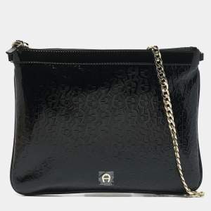 Aigner Black Signature Embossed Patent Leather Large Candy Chain Pouch 