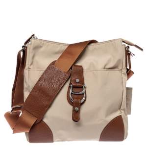 Pre Owned Aigner Beige/Brown Nylon and Leather Logo Buckle Crossbody Bag