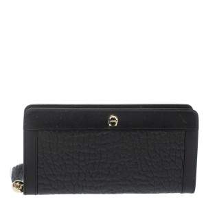 Pre Owned Aigner Black Leather Cavallina Zip Around Wallet
