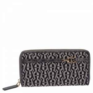 Pre Owned Aigner Grey Signature Canvas and Textured Leather Trim Zip Around Wallet