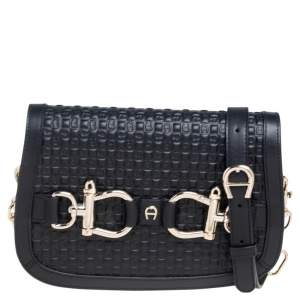 Pre Owned Aigner Black Leather Savona Flap Crossbody Bag