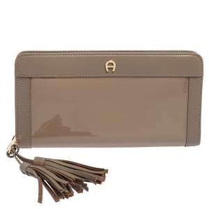 Pre Owned Aigner Taupe Leather and Patent Leather Cavallina Tassel Zip Around Wallet