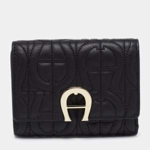 Pre Owned Aigner Black Leather Pria Trifold Wallet