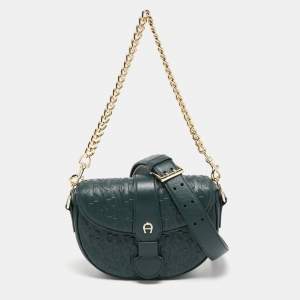Pre Owned Aigner Green Embossed Leather Mini Calla Crossbody Bag