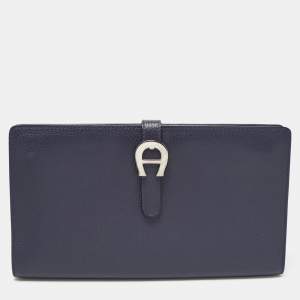 Aigner Navy Blue Leather Logo Flap Organizer Clutch